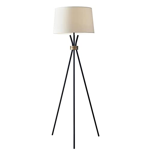 Adesso 3835-01 Benson Floor Lamp, 60 in., 150W Incandescent, Equivalent CFL, Black w/Antique Brass Accent, 1 Tripod Lamp