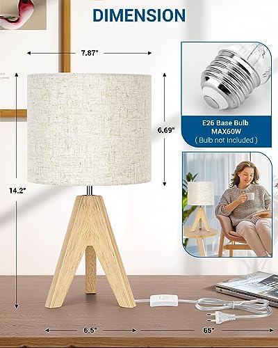 DEWENWILS Boho Table Lamp, Wood Tripod, Linen Shade