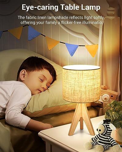DEWENWILS Boho Table Lamp, Wood Tripod, Linen Shade
