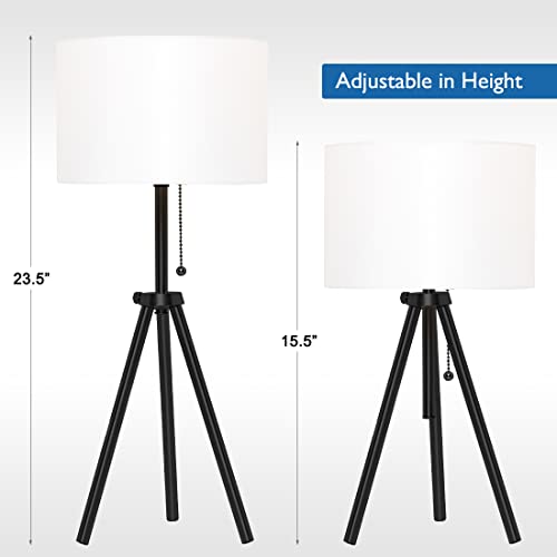 O’Bright Tripod Table Lamp, Adjustable in Height, 100% Metal Body with Linen Drum Shade, Bedside Lamp, Nightstand Lamp, Side Table Lamp for Living Room, Bedroom, Office, Black