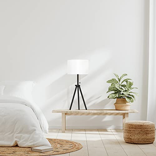 O’Bright Tripod Table Lamp, Adjustable in Height, 100% Metal Body with Linen Drum Shade, Bedside Lamp, Nightstand Lamp, Side Table Lamp for Living Room, Bedroom, Office, Black