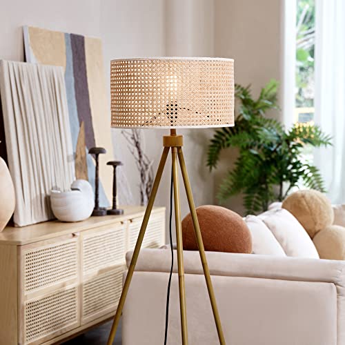 Globe Electric 65914 60" Floor Lamp, Faux Wood Tripod Base, Rattan Shade, On/Off Rotary Switch on Socket