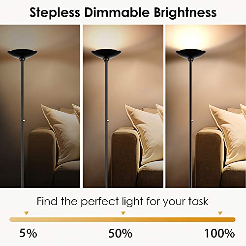 BoostArea Torchiere Floor Lamp, 24W Super Bright LED Standing Lamp, Stepless Dimmable Pole Lamp with 3000K Lighting, Rotary Switch, 70 Inch Tall Metal Modern Floor Lamps for Living Room/Bedroom Black