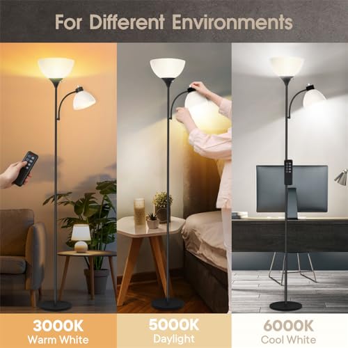 GERGO Led Floor Lamp, Super Bright 11W+7W 2100LM Torchiere Floor Lamps for Living Room, Stepless Adjustable 3000K-6000K Temperatures with Remote Control for Bedroom