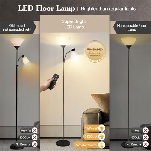 GERGO Led Floor Lamp, Super Bright 11W+7W 2100LM Torchiere Floor Lamps for Living Room, Stepless Adjustable 3000K-6000K Temperatures with Remote Control for Bedroom