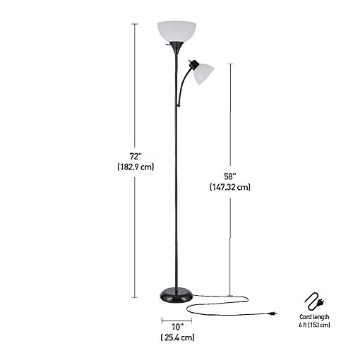 Globe Electric 67135 72" Torchiere Floor Lamp + Adjustable Reading Light, Matte Black, Frosted Plastic Shade, 3-Step Rotary Switch on Socket, Living Room Décor, Reading Light, Home Essentials