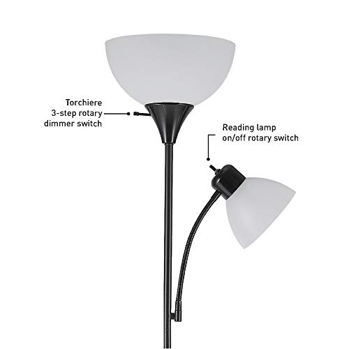 Globe Electric 67135 72" Torchiere Floor Lamp + Adjustable Reading Light, Matte Black, Frosted Plastic Shade, 3-Step Rotary Switch on Socket, Living Room Décor, Reading Light, Home Essentials