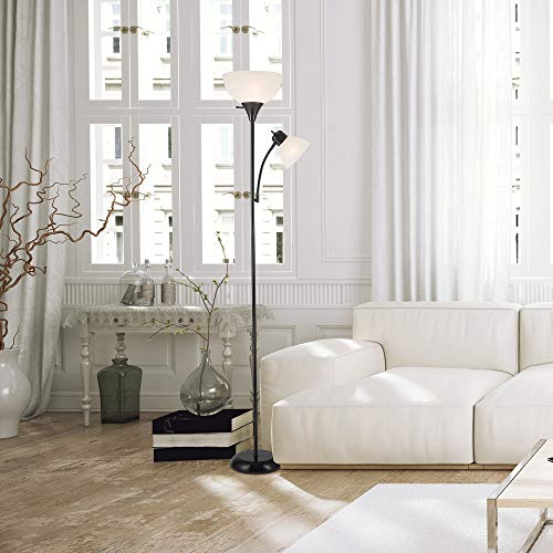 Globe Electric 67135 72" Torchiere Floor Lamp + Adjustable Reading Light, Matte Black, Frosted Plastic Shade, 3-Step Rotary Switch on Socket, Living Room Décor, Reading Light, Home Essentials