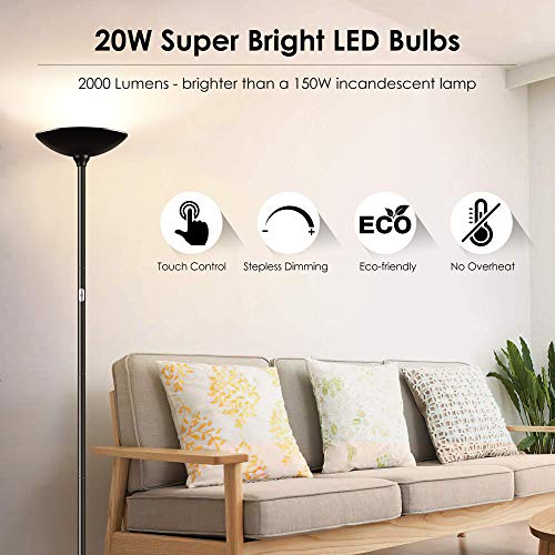 Floor Lamp, Standing Lamp, 20W 2000LM LED Torchiere Floor Lamp, Stepless Dimmable, Touch Control, 3000K Daylight, 50000hrs Lifespan, Floor Lamps for Living Room, Standing Lamps for Bedroom, Office
