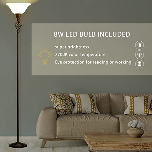 Floor Lamp for Living Room, 72" Modern Bedroom Standing Lamp with 8W LED Bulb, 3000K Eye Protection Torchiere Floor Lamp for Bedroom, Office, Living Room(Red Brown)
