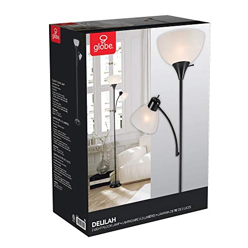 Globe Electric 67135 72" Torchiere Floor Lamp + Adjustable Reading Light, Matte Black, Frosted Plastic Shade, 3-Step Rotary Switch on Socket, Living Room Décor, Reading Light, Home Essentials