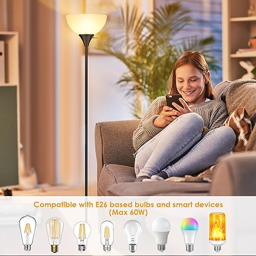 Coucrek Floor Lamp, LED Standing Lamps with White Plastic Shade, Black Modern Torchiere Floor Lamp, Tall Lamps for Living Room Dorm, Bulb not Included