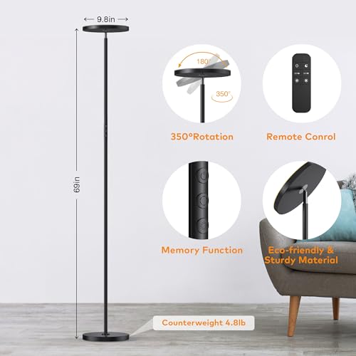 WOWLUMEN Floor Lamp,Bright 36W 3500LM Standing Lamp with Remote, 2700K Soft White to 6500K Cool White Adjustable,Touch Control Dimmable Torchiere Tall Lamp for Living Room,Bedroom,Office,Sofa(Black)