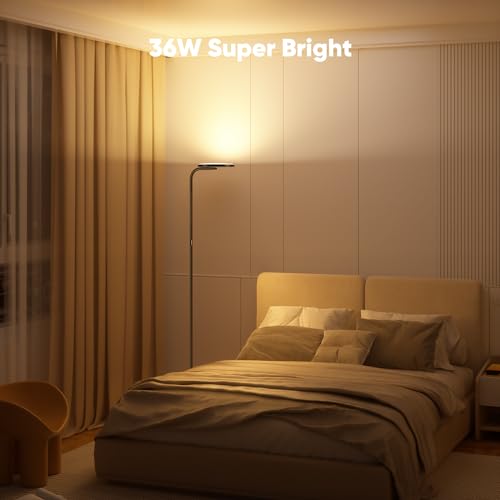 SIBRILLE 36W LED Floor Lamp, Super Bright Standing Lamp, Modern Stepless Dimmable Torchiere Tall Lamp with Remote Control, 350°Rotating Head Reading Floor Lamp for Living Room,Bedroom,Office