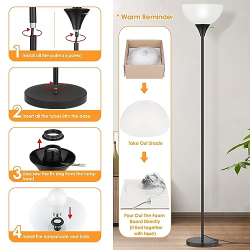 Coucrek Floor Lamp, LED Standing Lamps with White Plastic Shade, Black Modern Torchiere Floor Lamp, Tall Lamps for Living Room Dorm, Bulb not Included