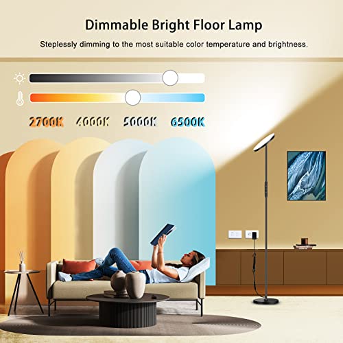 LED Floor Lamp, 2400LM Super Bright Standing Lamp 250W Equivalent with 2700K-6500K Stepless Dimming, Modern Torchiere Sky Lamp with Remote & Touch Control, 69" Tall Lamp for Living Room Bedroom Office
