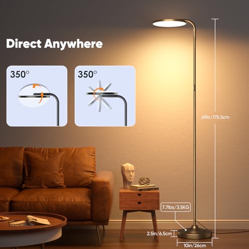 SIBRILLE 36W LED Floor Lamp, Super Bright Standing Lamp, Modern Stepless Dimmable Torchiere Tall Lamp with Remote Control, 350°Rotating Head Reading Floor Lamp for Living Room,Bedroom,Office