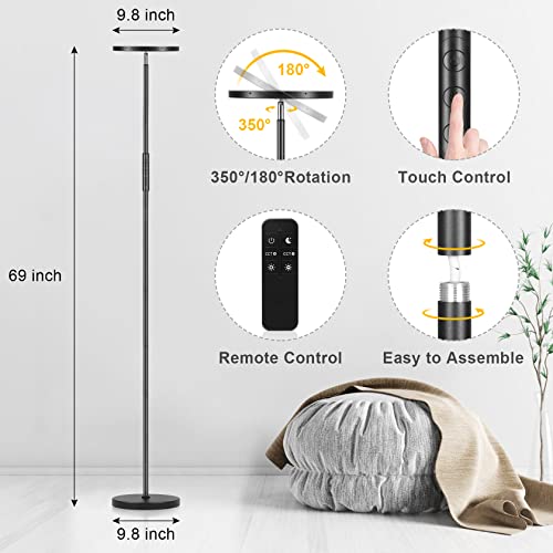 LED Floor Lamp, 2400LM Super Bright Standing Lamp 250W Equivalent with 2700K-6500K Stepless Dimming, Modern Torchiere Sky Lamp with Remote & Touch Control, 69" Tall Lamp for Living Room Bedroom Office