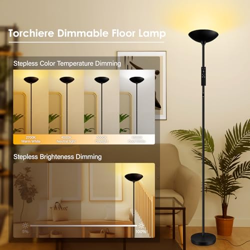 Bricosmocon Stepless Dimmable Floor Lamp,30W 3000LM Super Bright LED Torchiere Floor Lamps with Remote & Touch Control,71 in Tall Modern Standing Lamp for Living Room Bedroom Office,2700k-6500k,Black