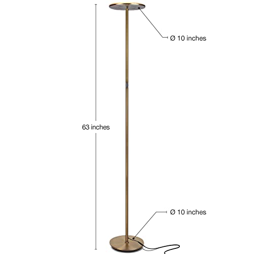Brightech Sky LED Floor lamp for Living Rooms & Offices -Torchiere Super Bright , Dimmable, Tall Standing Lamp for Bedroom Reading - Gold Brass
