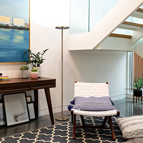 Brightech Sky LED Floor lamp for Living Rooms & Offices -Torchiere Super Bright , Dimmable, Tall Standing Lamp for Bedroom Reading - Gold Brass