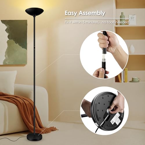 Bricosmocon Stepless Dimmable Floor Lamp,30W 3000LM Super Bright LED Torchiere Floor Lamps with Remote & Touch Control,71 in Tall Modern Standing Lamp for Living Room Bedroom Office,2700k-6500k,Black