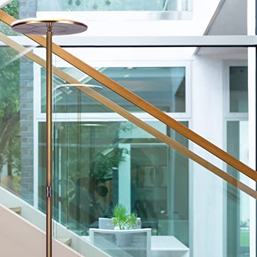 Brightech Sky LED Floor lamp for Living Rooms & Offices -Torchiere Super Bright , Dimmable, Tall Standing Lamp for Bedroom Reading - Gold Brass