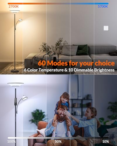 LEPOWER-TEC Floor Lamps for Living Room, Torchiere Standing Lamp with Wall Switch and Remote, 60 Lighting Effects Led Corner Lamp, Super Bright Tall Floor Lamp for Bedroom, Office, Livingroom