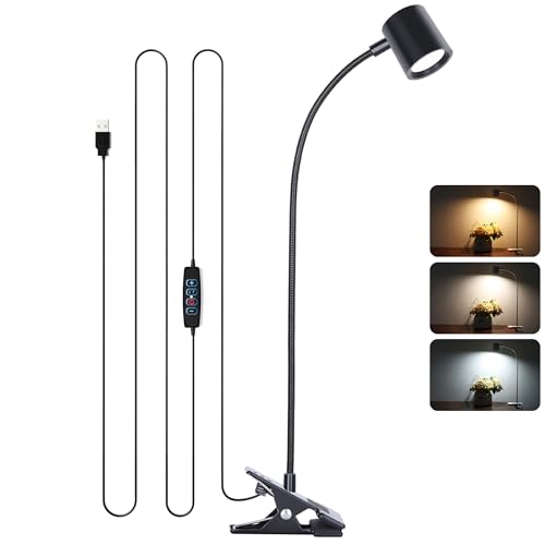 Dott Arts Desk Lamp,USB Clip On Light with 3 Color Modes,LED 10 Levels Brightness Reading Light, 360°Gooseneck Book Light,Eye-Care Reading Lamp for Home Office,Headboards Black