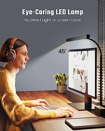 SUPERDANNY LED Desk Lamp for Office Home, Eye-Caring Desk Light with Adjustable Gooseneck, 12W Touch Control Dimmable Brightness, Architect Clamp Lamp with USB Adapter for Reading Study Workbench