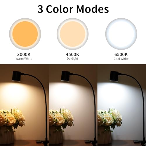 Dott Arts Desk Lamp,USB Clip On Light with 3 Color Modes,LED 10 Levels Brightness Reading Light, 360°Gooseneck Book Light,Eye-Care Reading Lamp for Home Office,Headboards Black