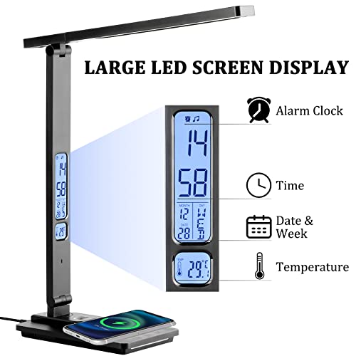Dott Arts LED Desk Lamp with Wireless Charger, Touch Control Study Lamp with USB Charging Port, Table Lamp with Clock, Alarm, Date, Temperature, Office Lamp, Desk Lamps for Home Office,Black