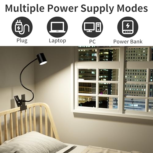 Dott Arts Desk Lamp,USB Clip On Light with 3 Color Modes,LED 10 Levels Brightness Reading Light, 360°Gooseneck Book Light,Eye-Care Reading Lamp for Home Office,Headboards Black
