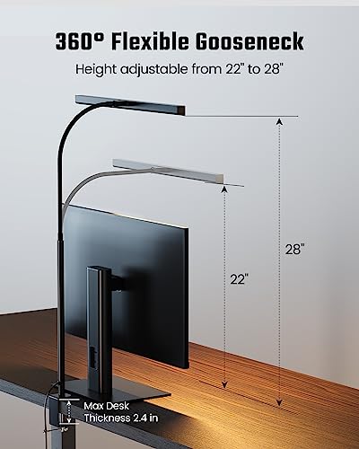 SUPERDANNY LED Desk Lamp for Office Home, Eye-Caring Desk Light with Adjustable Gooseneck, 12W Touch Control Dimmable Brightness, Architect Clamp Lamp with USB Adapter for Reading Study Workbench