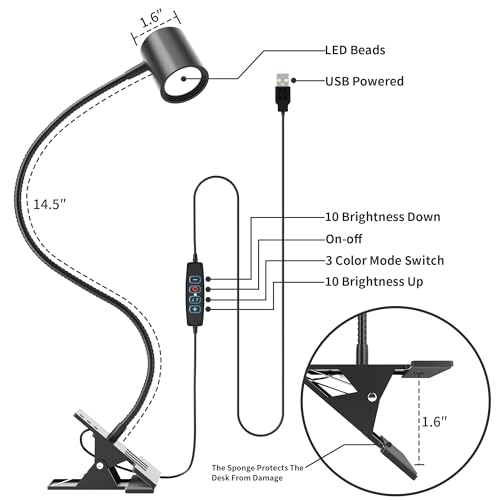 Dott Arts Desk Lamp,USB Clip On Light with 3 Color Modes,LED 10 Levels Brightness Reading Light, 360°Gooseneck Book Light,Eye-Care Reading Lamp for Home Office,Headboards Black