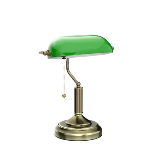 TORCHSTAR Green Glass Bankers Desk Lamp, UL Listed, Antique Desk Lamps with Brass Base, Traditional Library Lamp with Pull Chain, E26 Base, Vintage Desk Lamp for Office, Study Room