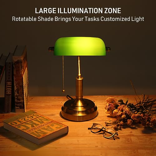 TORCHSTAR Green Glass Bankers Desk Lamp, UL Listed, Antique Desk Lamps with Brass Base, Traditional Library Lamp with Pull Chain, E26 Base, Vintage Desk Lamp for Office, Study Room