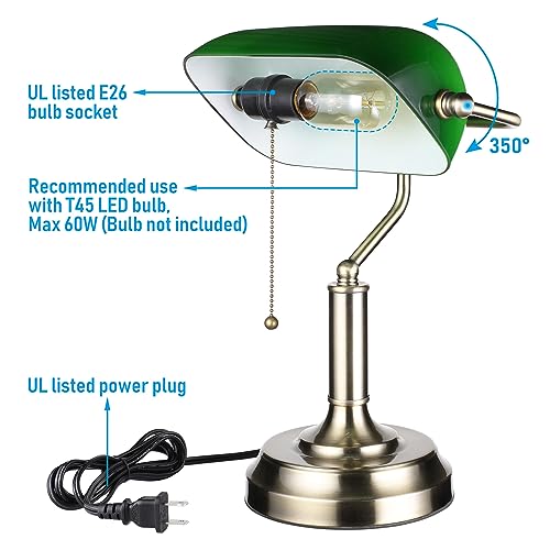 TORCHSTAR Green Glass Bankers Desk Lamp, UL Listed, Antique Desk Lamps with Brass Base, Traditional Library Lamp with Pull Chain, E26 Base, Vintage Desk Lamp for Office, Study Room