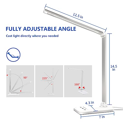 White crown LED Desk Lamp Dimmable Table Lamp Reading Lamp with USB Charging Port, 5 Lighting Modes, Sensitive Control, 30/60 Minutes Auto-Off Timer, Eye-Caring Office Lamp