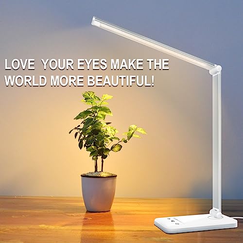 White crown LED Desk Lamp Dimmable Table Lamp Reading Lamp with USB Charging Port, 5 Lighting Modes, Sensitive Control, 30/60 Minutes Auto-Off Timer, Eye-Caring Office Lamp