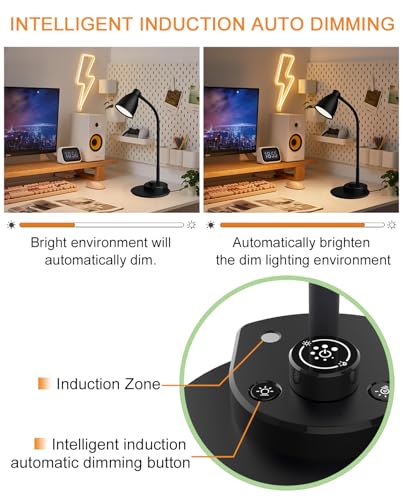 BOHON LED Desk Lamp with USB Charging Port 3 Color Modes Dimmable Reading Light Intelligent Induction Auto Dimming Task Lamp Flexible Gooseneck Table Lamp for Bedside Office, AC Adapter Include