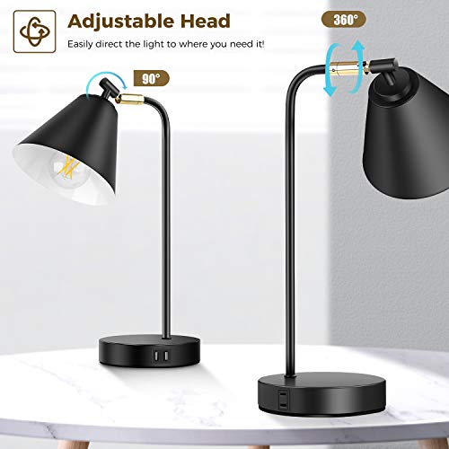 Industrial Dimmable Desk Lamp with 2 USB Charging Ports AC Outlet, Touch Control Bedside Nightstand Reading Lamp Flexible Head, Black Metal Table Lamp for Bedroom Office Living Room, Bulb Included