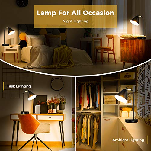Industrial Dimmable Desk Lamp with 2 USB Charging Ports AC Outlet, Touch Control Bedside Nightstand Reading Lamp Flexible Head, Black Metal Table Lamp for Bedroom Office Living Room, Bulb Included