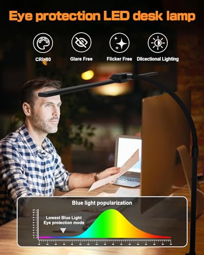 Desk Lamp with Clamp for Home Office - Eye-Caring Office Computer Led Desk Light with Flexible Gooseneck, 22W Bright Architect Study Clip Lamp for Desk Adjustable Task Lighting Stepless Dimming