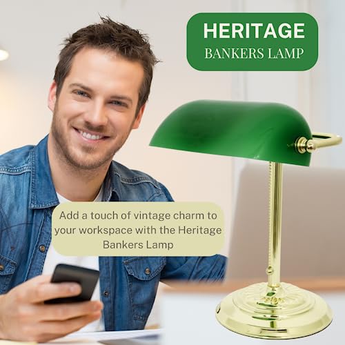 LIGHTACCENTS Traditional Bankers Desk Lamp with Green Glass Shade and Nickel Finish - Classic Study Light Perfect for Office and Home Workspace - Elegant Small Banker Lamp for Reading
