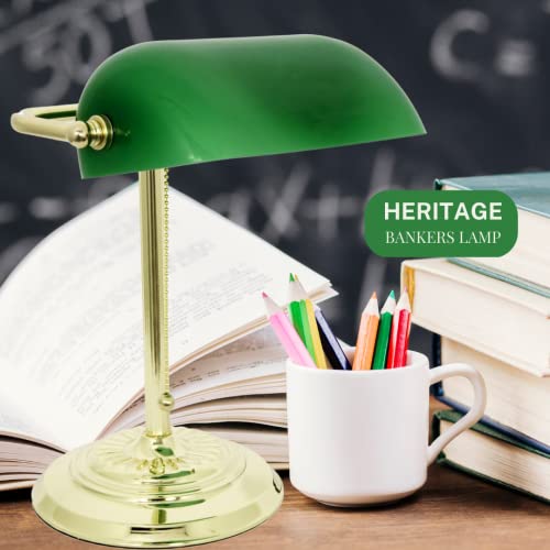 LIGHTACCENTS Traditional Bankers Desk Lamp with Green Glass Shade and Nickel Finish - Classic Study Light Perfect for Office and Home Workspace - Elegant Small Banker Lamp for Reading