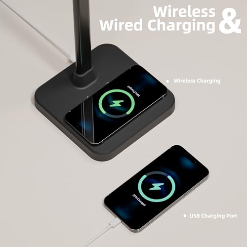 Otdair LED Desk Lamp for Office Home with Wireless Charger, 5 Modes 24W Double Head Flexible Gooseneck Eye-Caring Reading Study Light, Architect Light 5 Brightness Adjustable with Timer (Black)