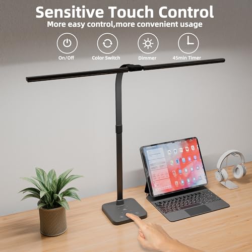 Otdair LED Desk Lamp for Office Home with Wireless Charger, 5 Modes 24W Double Head Flexible Gooseneck Eye-Caring Reading Study Light, Architect Light 5 Brightness Adjustable with Timer (Black)