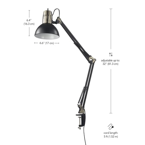 Globe Electric 62000009 32" Multi-Joint Desk Lamp with Metal Clamp, Matte Black, Antique Brass Accents, On/Off Rotary Switch on Shade, Partially Adjustable Swing Arm, Home Décor, Office Accessory