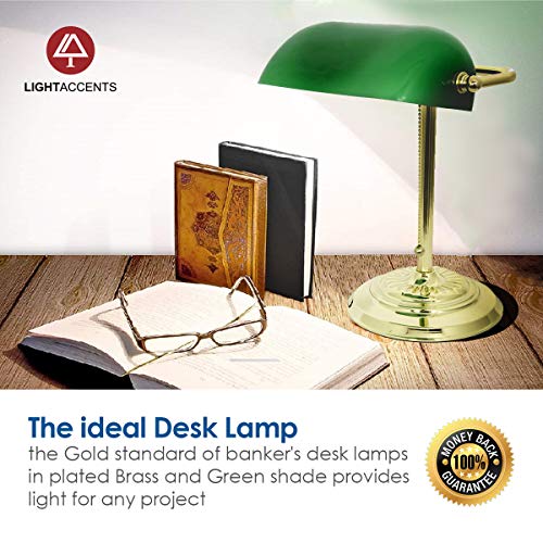 LIGHTACCENTS Traditional Bankers Desk Lamp with Green Glass Shade and Nickel Finish - Classic Study Light Perfect for Office and Home Workspace - Elegant Small Banker Lamp for Reading